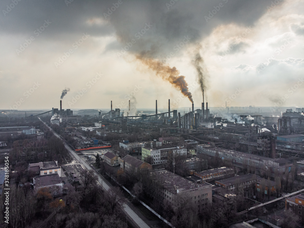 overhead top view of the air pollution by the factory