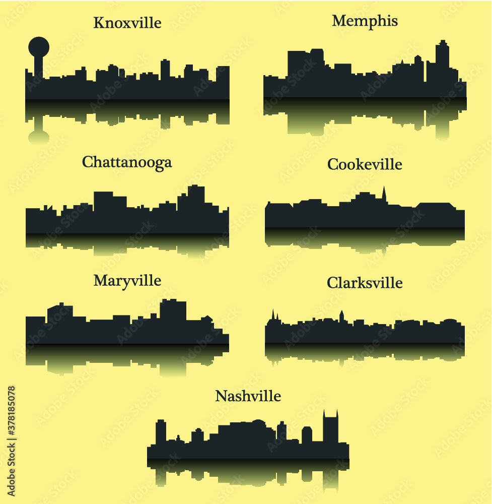 Set of 7 City Silhouette in Tennessee ( Knoxville, Nashville, Memphis, Cookeville, Clarksville, Maryville, Chattanooga )
