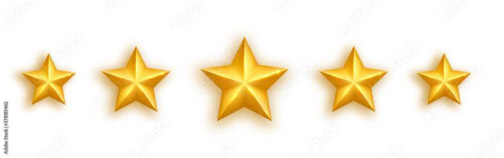 Golden realistic star set on white background. Five glossy stars gold stars rating icons. Luxury holidays design element. Shining gold bauble. Feedback concept. Positive review. Vector illustration - obrazy, fototapety, plakaty 