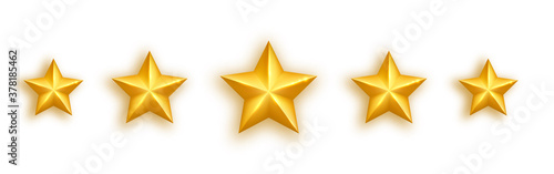 Golden realistic star set on white background. Five glossy stars gold stars rating icons. Luxury holidays design element. Shining gold bauble. Feedback concept. Positive review. Vector illustration