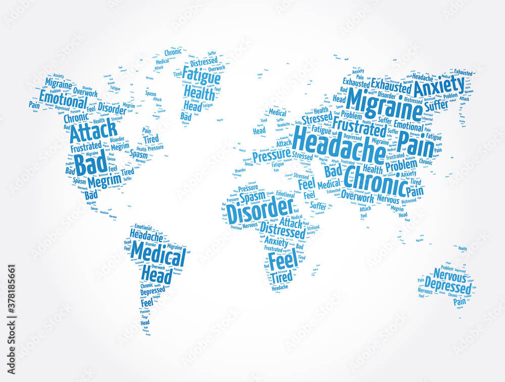 Headache word cloud in shape of world map, health concept background Headache word cloud in shape of world map, health concept background