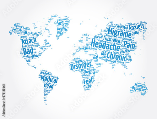 Headache word cloud in shape of world map  health concept background