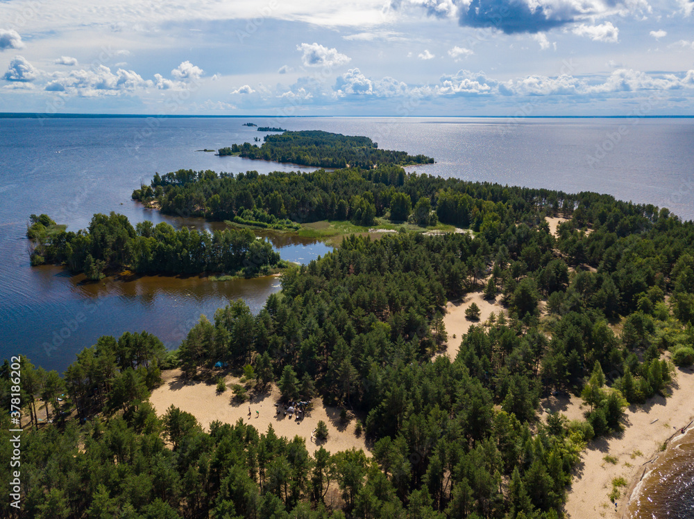 Aerial view from drone of  Volga river island called 