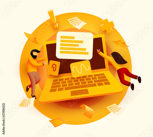 People flying around big laptop. Computer service or development concept. Web page, banner, presentation. Online survey with characters.