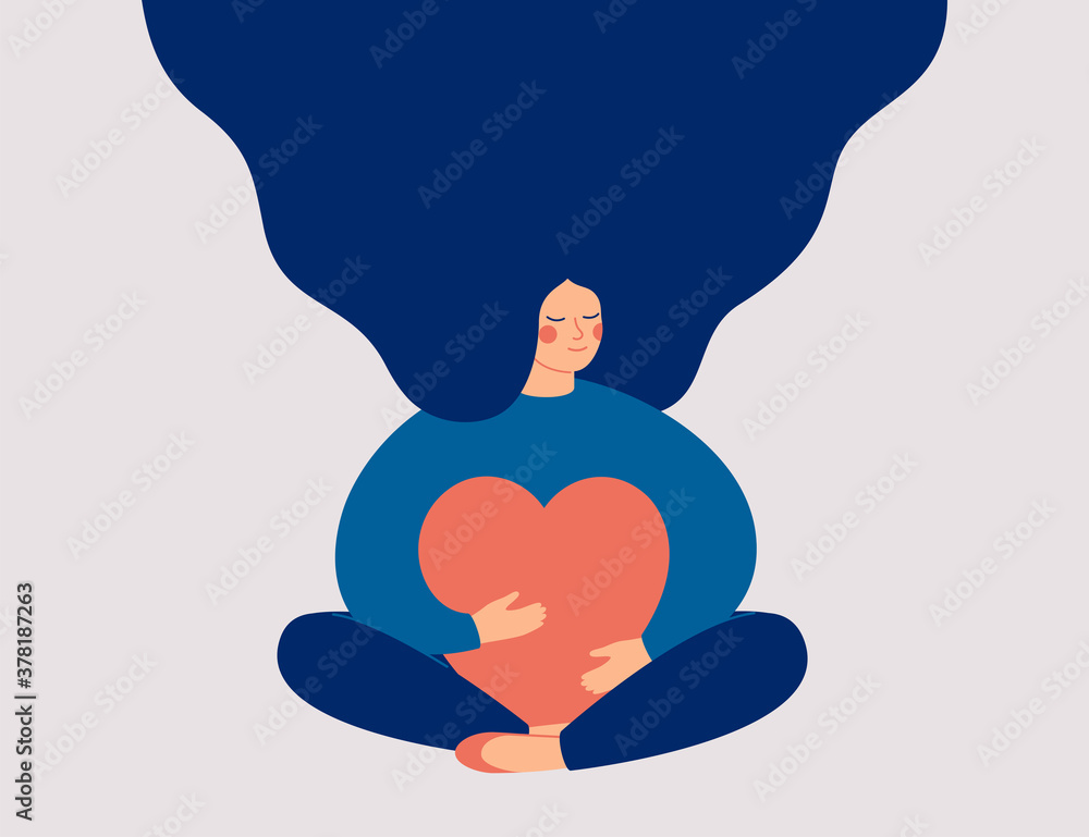 © Mary Long - Young woman embraces a big red heart with mindfulness and love. Smiling female character sits in lotos pose with closed eyes and enjoys her freedom and life. Body positive and mental health concept.