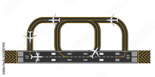 Top view of airport runway with airplane, vector illustration