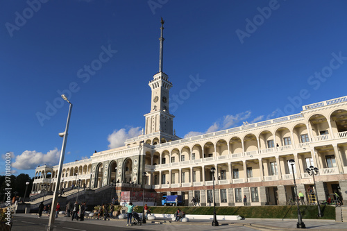 Building facade of North River Terminal, River station or Rechnoy Vokzal. Stalinist architecture style. Park in Moscow city, Russia. Moscow landmark, monument photo