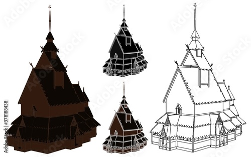 Borgund stave church in perspective view, Norway.