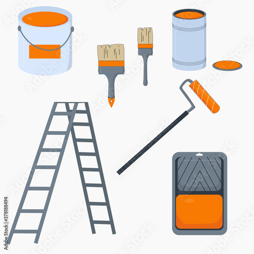 Paint set with brushes, roller, can, bucket, paint tray and ladder. illustration for repair theme, equipment for painter, paint tools