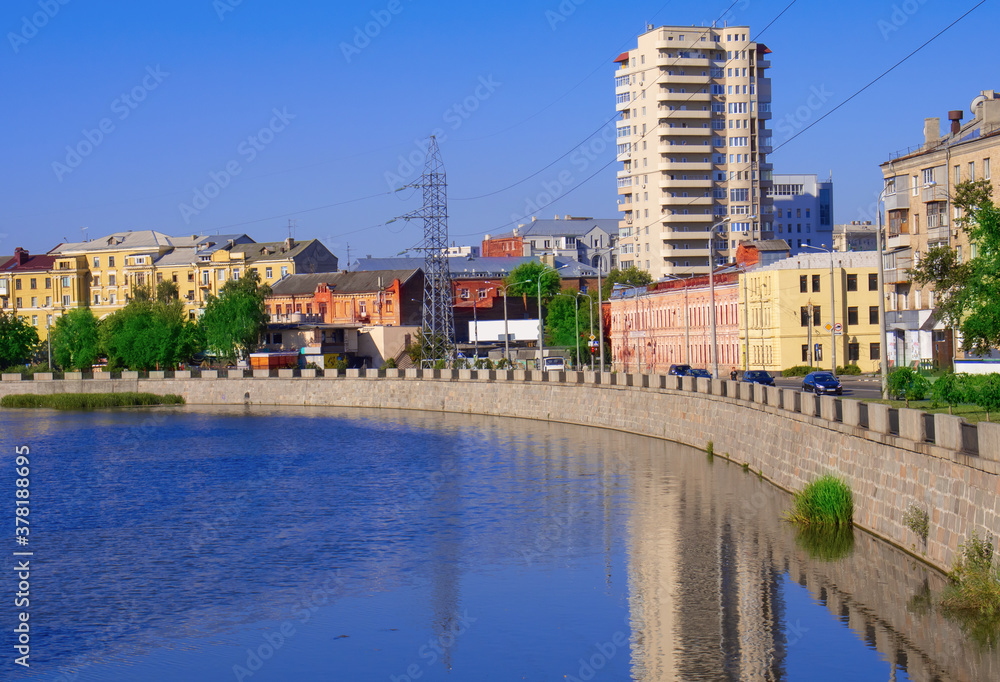 The image of the city river on the buildings background.Ð’eautiful cityscape