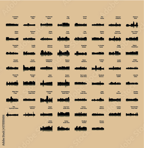 Set of 60 City Silhouettes from Africa ( Fez, Lusaka, East London, Lome, Togo, Kigali, Port Harcourt, Zanzibar, Meknes, Khartoum, Tunis, Marrakech, Morocco, South Africa, Johannesburg )