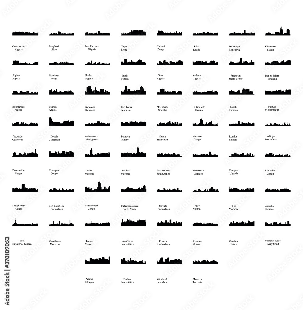 Obraz premium Set of 60 City Silhouettes from Africa ( Fez, Lusaka, East London, Lome, Togo, Kigali, Port Harcourt, Zanzibar, Meknes, Khartoum, Tunis, Marrakech, Morocco, South Africa, Johannesburg )