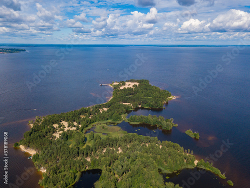 Aerial view from drone of Volga river island called "Asafovy Gory", located 3 km from the town of Yuryevts, Ivanovo region, Russia