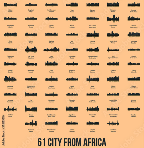 Set of 60 City Silhouettes from Africa ( Fez, Lusaka, East London, Lome, Togo, Kigali, Port Harcourt, Zanzibar, Meknes, Khartoum, Tunis, Marrakech, Morocco, South Africa, Johannesburg )