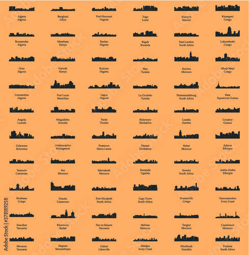 Set of 60 City Silhouettes from Africa ( Fez, Lusaka, East London, Lome, Togo, Kigali, Port Harcourt, Zanzibar, Meknes, Khartoum, Tunis, Marrakech, Morocco, South Africa, Johannesburg )