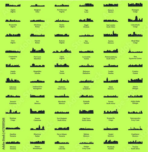 Set of 60 City Silhouettes from Africa ( Fez, Lusaka, East London, Lome, Togo, Kigali, Port Harcourt, Zanzibar, Meknes, Khartoum, Tunis, Marrakech, Morocco, South Africa, Johannesburg )