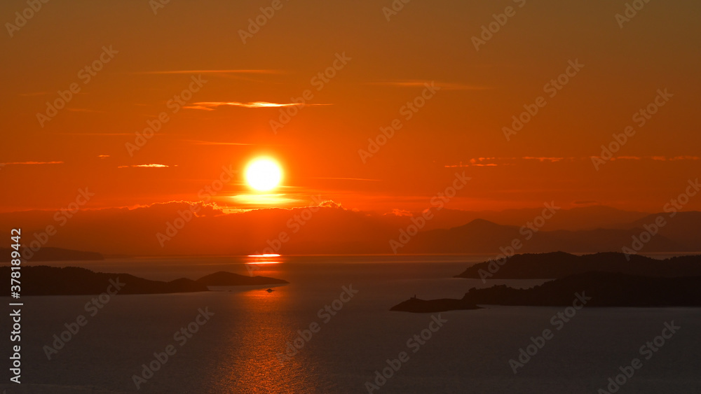 Beautiful sunset sky over western Skopelos, Sporades islands, Greece