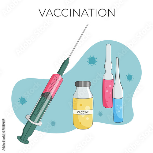 Syringe with needle and vaccine, vials, medicine, injection concept, vector illustration.