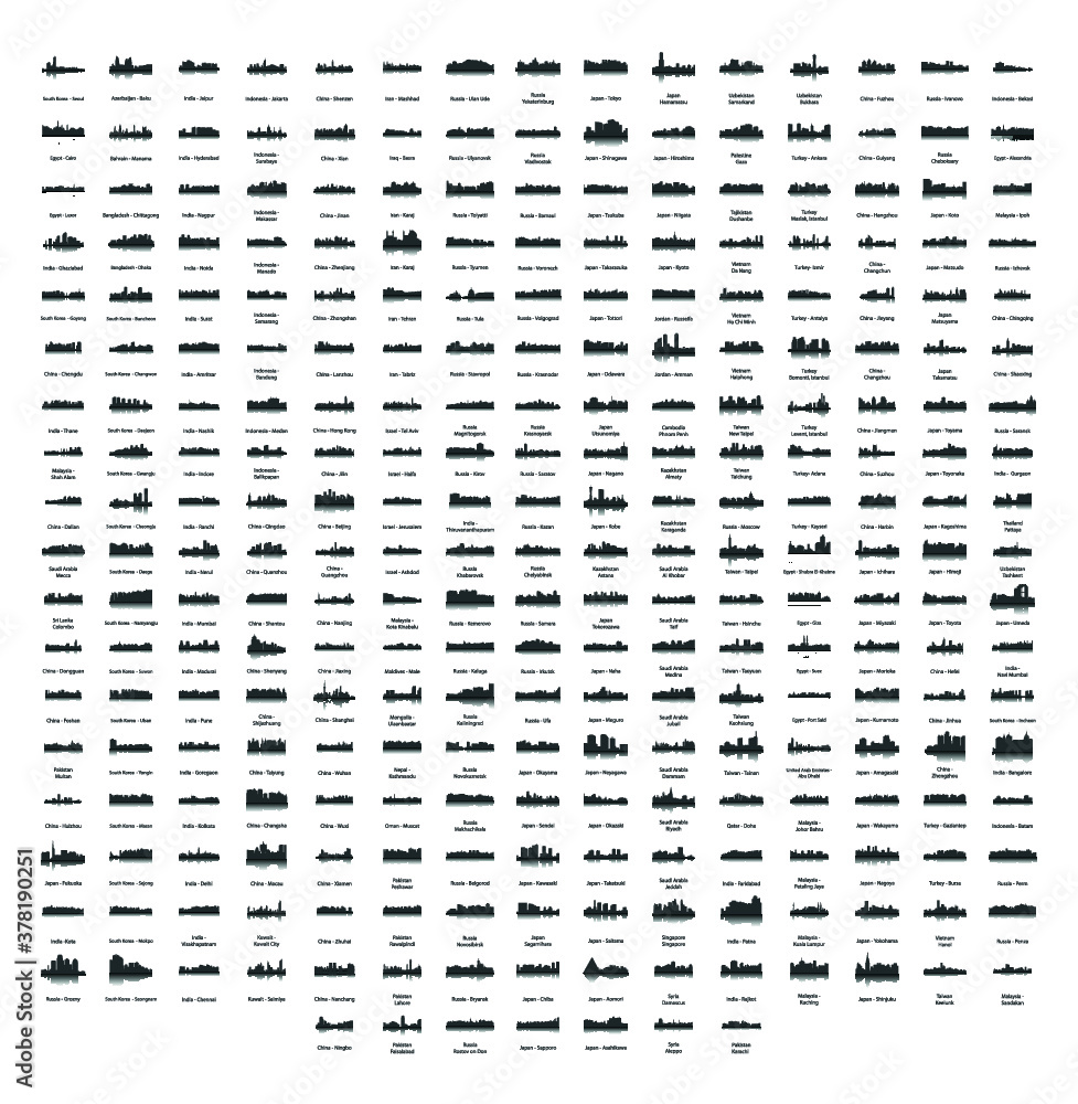 Set of 277 City Silhouette from Asia ( Phnom Penh, Beijing, China, Russia, Turkey, India, Moscow, Japan, Tokyo, Cairo, Egypt, Indonesia, Jakarta, Jerusalem, Pyongyang, North Korea, Seoul, Malaysia )