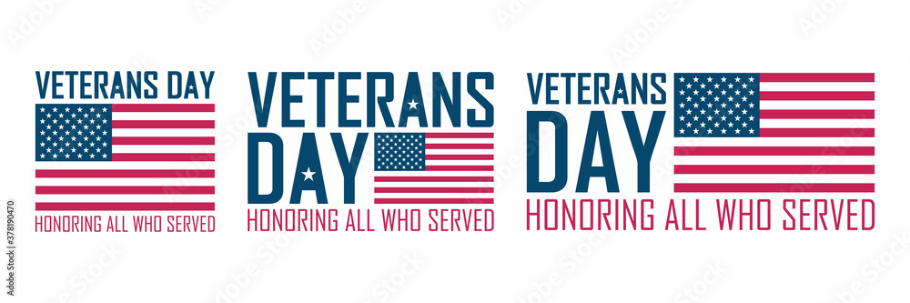 USA Veterans Day celebrate card set with United States national flag. American national holiday design templates collection. Vector illustration.