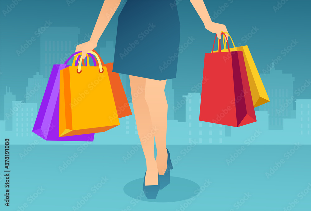 Vector of a stylish woman carrying many colorful shopping bags