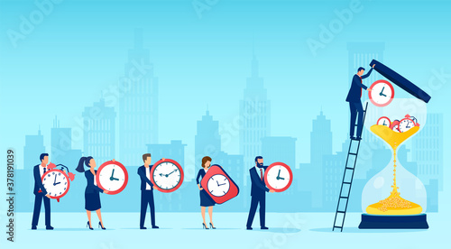 Vector of business people transforming wall clock into gold coins