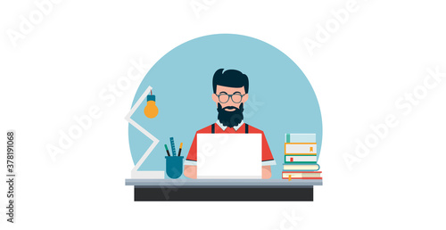 Vector of a man working studying on laptop computer from home