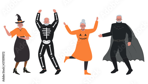Halloween party. Elderly people in Halloween costumes are dancing and having fun. Vector illustration