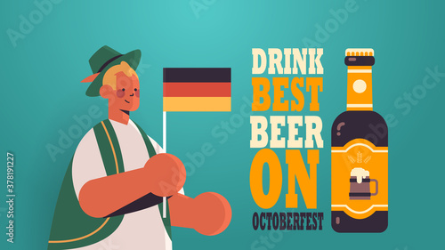 guy holding Germany flag beer festival Oktoberfest party celebration concept man wearing german traditional clothes portrait greeting card horizontal vector illustration