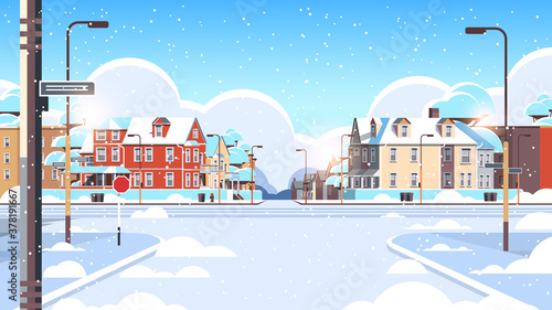 city facade buildings empty no people urban street real estate houses exterior winter snowfall cityscape background horizontal vector illustration