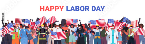 people of different occupations celebrating labor day mix race workers wearing masks to prevent coronavirus pandemic portrait horizontal vector illustration