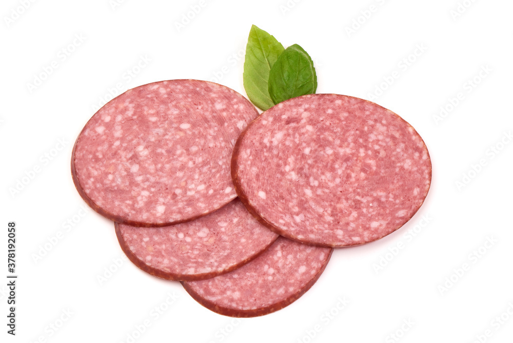 Sliced salami smoked sausage, isolated on white background Sliced salami smoked sausage, isolated on white background