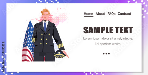 pilot in uniform near USA flag holding hat happy labor day celebration concept portrait horizontal copy space vector illustration