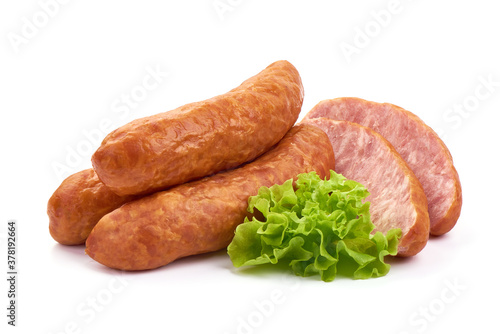 German traditional smoked sausages, isolated on white background