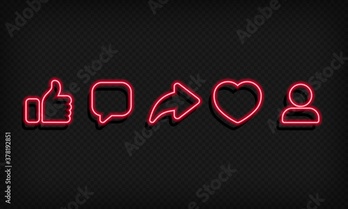 Like, comment, share, repost, follower sign. Social network concept. Icon neon button. Vector on isolated black background. EPS 10