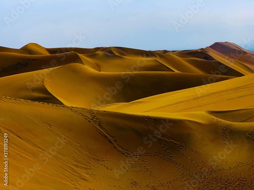 Orange sand dunes in arid desert near oasis Huacachina, Ica, Peru. Yellow sandy waves. Impressive desert landscape. Scenic dry wilderness. Heat extreme terrain. Awesome barkhans on sunset.  photo