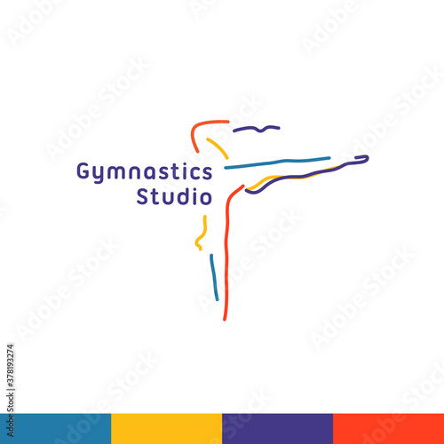 Stylized gymnast woman linear silhouette in handstand pose. Logo for fitness studio, dance class, yoga or aerobics training 