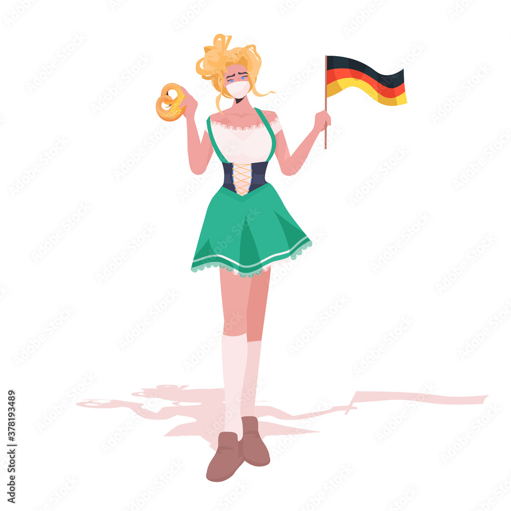 woman holding salty pretzel and flag Oktoberfest party celebration waitress wearing mask to prevent coronavirus pandemic full length vector illustration woman holding salty pretzel and flag Oktoberfest party celebration waitress wearing mask to prevent coronavirus pandemic full length vector illustration