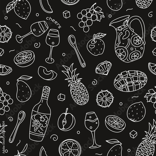 Sangria seamless pattern in black and white. Bottle, pitcher, glass, fruit, ice and wooden spoon