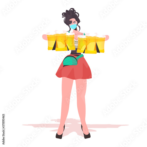 woman holding beer mugs Oktoberfest party festival celebration waitress wearing mask to prevent coronavirus pandemic full length vector illustration