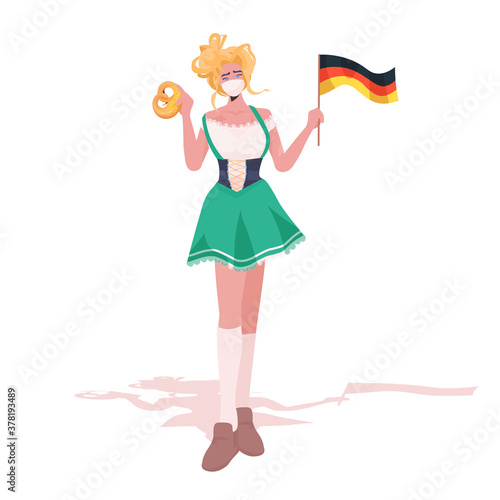 woman holding salty pretzel and flag Oktoberfest party celebration waitress wearing mask to prevent coronavirus pandemic full length vector illustration