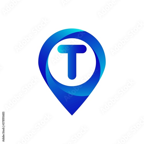 Pin location t letter logo. Location, Map, Pin, Hotel Blue gradient logo photo