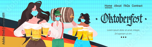 people holding beer mugs Oktoberfest party festival celebration friends wearing masks to prevent coronavirus pandemic portrait horizontal copy space vector illustration