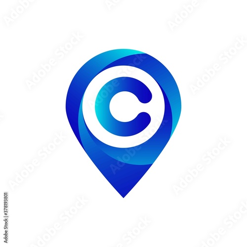 Pin location c letter logo. Location, Map, Pin, Hotel Blue gradient logo photo