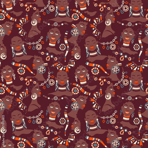 African women wearing ethnic bijouterie seamless pattern. Retro style background