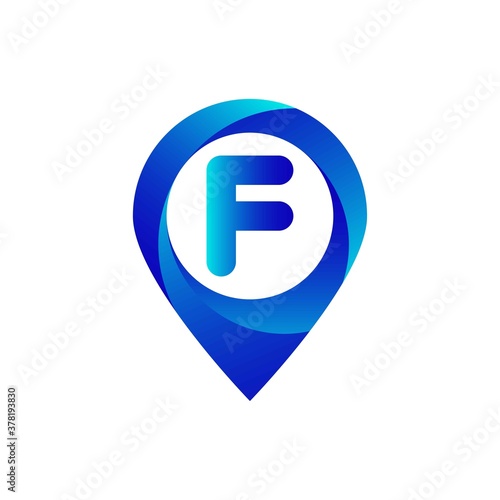 Pin location f letter logo. Location, Map, Pin, Hotel Blue gradient logo photo