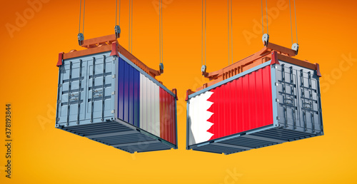 Freight containers with France and Bahrain flag. 3D Rendering 