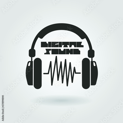 Monochrome illustration. Headphones, sound wave and text - digital sound