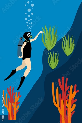 Scuba dive in flat style on blue background. vertical Vector design. Beautiful for lifestyle design. Sea swimming. Water bubbles. Woman diver underwater world of coral and algae