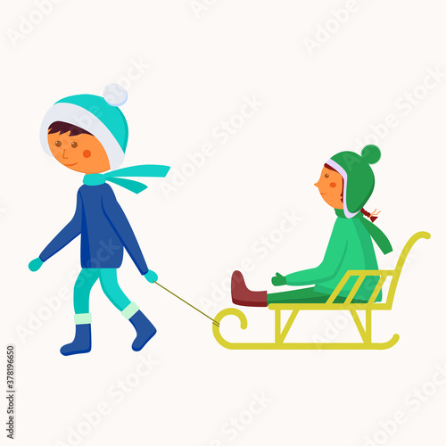 Children sledding. Vector image on a white background of Christmas trees. A boy takes a girl on a sled in winter. Clipart